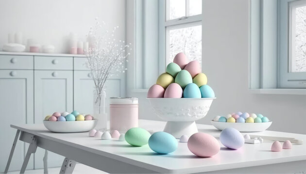 Easter eggs on a white plate on a wooden table in white kitchen interior. Painted Easter eggs in pastel color. Happy Easter wallpaper. Generative ai illustration