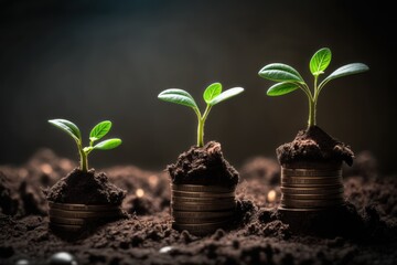 Fototapeta na wymiar Seedlings are growing on the Coins stack, money, plant, growth, tree, coin, currency, business, finance, green, leaf, investment, coins, gold, grow, concept, wealth, cash, success, bank, GENERATIVE AI