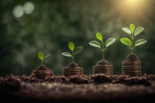 Seedlings are growing on the Coins stack, money, plant, growth, tree, coin, currency, business, finance, green, leaf, investment, coins, gold, grow, concept, wealth, cash, success, bank, GENERATIVE AI