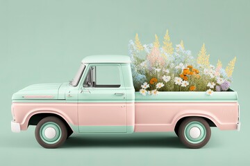 Green old car with pink stripes and a bouquet of flowers