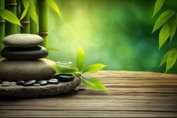 Bamboo and stones in a wellness spa. Generative AI. Zen Stones and Bamboo on the water. relax, enjoy at spa concept, GENERATIVE AI