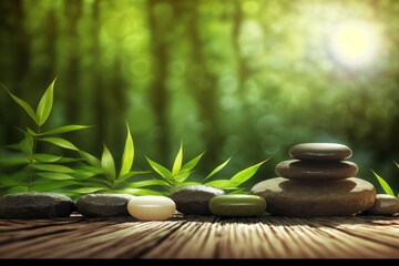 Bamboo and stones in a wellness spa. Generative AI. Zen Stones and Bamboo on the water. relax, enjoy at spa concept, GENERATIVE AI