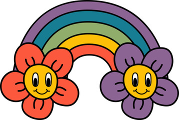 Retro rainbow with flowers with eyes and a smile.