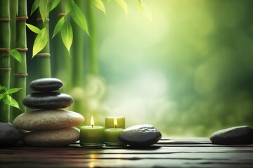 Bamboo and stones in a wellness spa. Generative AI. Zen Stones and Bamboo on the water. relax, enjoy at spa concept, GENERATIVE AI - obrazy, fototapety, plakaty
