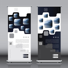 Roll up banner design with square shapes artwork square patterns and images. Editable vertical template vector set, modern standee and flag banner