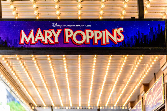 Melbourne, Victoria, Australia, February 18th, 2023: The marquee signage for Mary Poppins, a Disney musical production at Her Majesty's Theatre in Melbourne