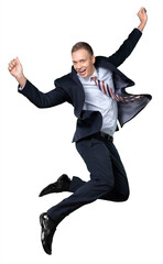 Full body handsome businessman jumping on background