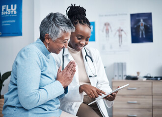 Black woman, doctor and senior patient with tablet, results and happy for health clearance, advice or report. African medic, mobile touchscreen and healthcare with smile, tech and support in hospital - obrazy, fototapety, plakaty