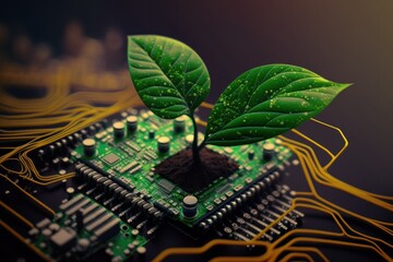 Tree with soil growing on the converging point of computer circuit board. GENERATIVE AI