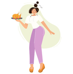 Woman serving turkey or chicken. A cute girl is holding a tray with an idea or a chicken. Vector isolated illustration. Cartoon flat style. Avatar, thanksgiving icon. Cooking art clip, template.