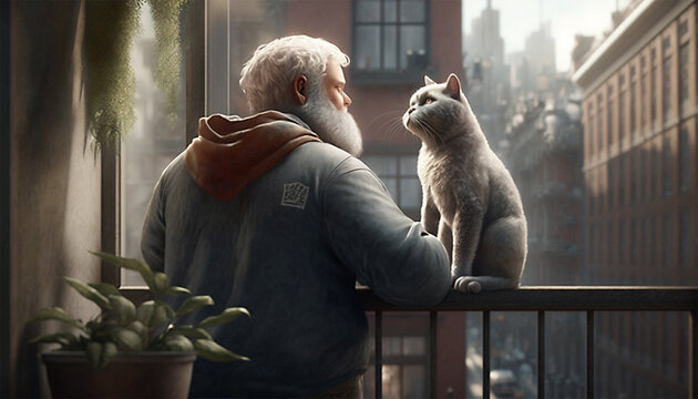 man and cat on balcony generative ai
