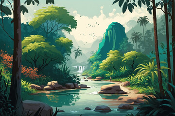 River and Forest - Landscape Painting - Tropical - by Generative AI