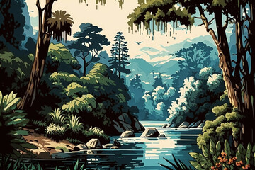River and Forest - Landscape Painting - Tropical - by Generative AI