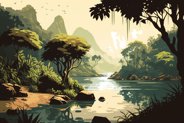 River and Forest - Landscape Painting - Tropical - by Generative AI