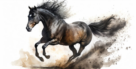 Fototapeta na wymiar A beautiful black horse running in the sand. Watercolor paint.
