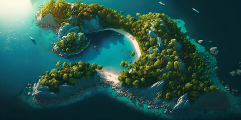 Aerial view.illustration of  tropical island and blue smooth sea,ocean for Summer holiday or vacation concepts.long banner size key visual design.generative ai