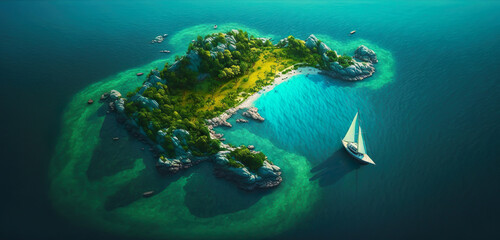 Obraz na płótnie Canvas Aerial view.illustration of tropical island and blue smooth sea,ocean and sailboat for Summer holiday or vacation concepts.long banner size design.generative ai technology