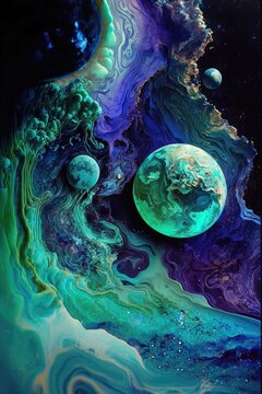 Une planète cosmique trippante comme un environnement avec de la malachite fondue, de l'améthyste et du lapis-lazuli.