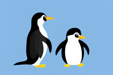 Cute Two Penguins Art on blue background created with generative ai technology