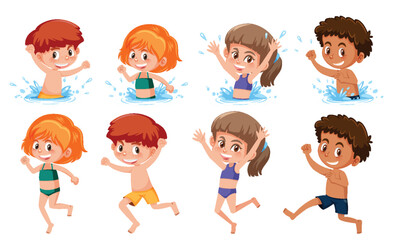 Set of children cartoon character wearing swimsuit
