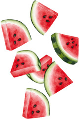 slices of watermelon falling watercolor PNG