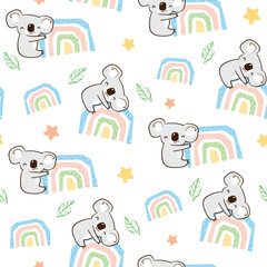Seamless Pattern of Cartoon Koala Bear and Rainbow Design on White Background