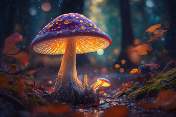 A stunning shot of a magic mushroom nestled in the heart of a verdant forest, its cap sparkling with a hint of mystery and enchantment. Generative AI