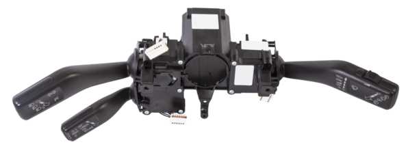 Steering wheel switches for windshield wipers and turn signals with steering angle sensor disassembled on a white isolated background, spare part for car repair or for sale at junk yard.