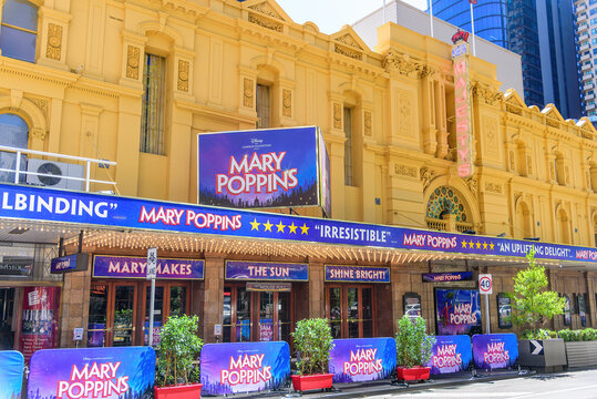Melbourne, Victoria, Australia, February 18th, 2023: The marquee signage for Mary Poppins, a Disney musical production at Her Majesty's Theatre in Melbourne