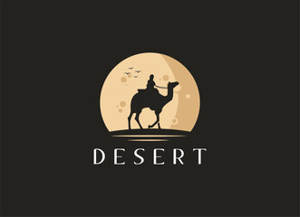 Arabian Logo caravan Camels in desert dunes. Camel Logo design template. 