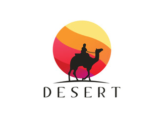 Arabian Logo caravan Camels in desert dunes. Camel Logo design template. 