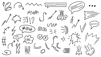 Vector illustration of cute doodles, set of hand drawn cute doodles for decoration. abstract arrows, lines and other hand drawn style elements for conceptual design.