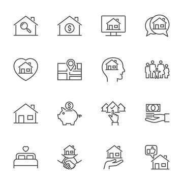house of big family icon, simple thin line icons set