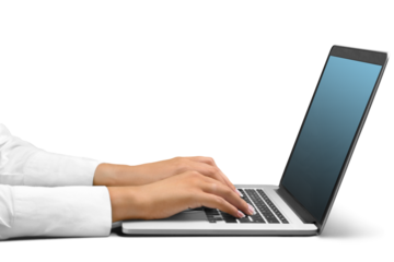 Female hands writing on laptot, isolated on white