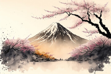 Mountain Fuji and spring sakura cherry blossoms. Illustration