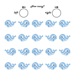 Game for children. Count how many whales swim to the right and how many to the left. Write down the result. Vector illustration for studying the direction of movement. Spatial orientation