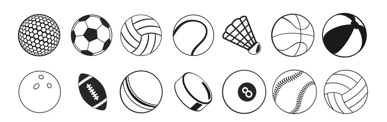 Sports balls black flat icon set. Cartoon vector style.