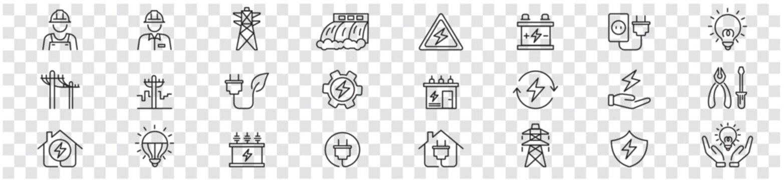 Naklejka Electricity set of icons. Vector icons in flat linear.