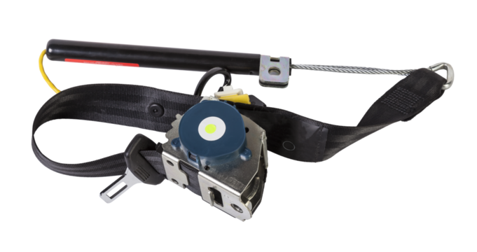 Spare part and interior element black seat belt from a car on a white isolated background. Auto service industry.