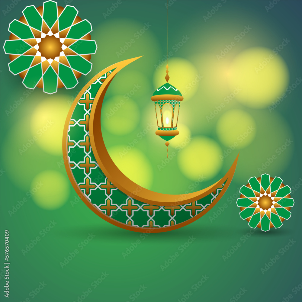 Sticker islamic background in green and gold color with realistic crescent, lantern and mandala on blur boke