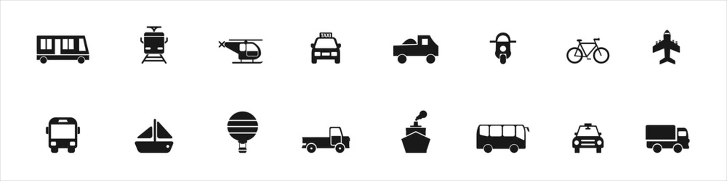 Transport icons. Airplane, Public bus, Train, Ship, Ferry and auto signs. Shipping delivery symbol.