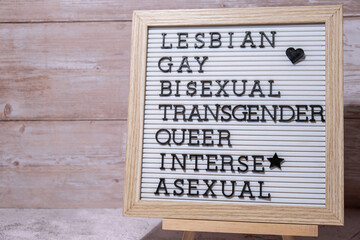 LGBTQIA description frame on Rainbow LGBTQIA flag made from silk material. LESBIAN, GAY, BISEXUAL,...