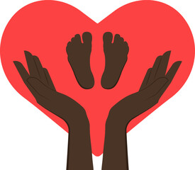 The mother's hands hold the baby's legs against the background of a red heart. Flat style. 