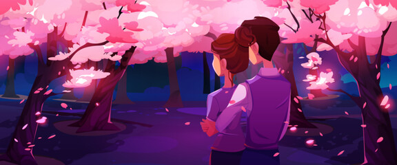 Romantic couple dating in sakura park. Vector cartoon illustration of young man and woman in love hugging, looking at cherry blossom trees blooming with neon pink flowers, petals flying in air