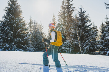 Mountaineer backcountry ski walking ski alpinist in the mountains. Ski touring in alpine landscape with snowy trees. Adventure winter sport. Kralova hola, Slovakia © Zedspider