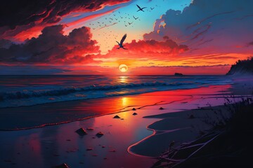Fototapeta na wymiar sunrise at beach created using AI Generative Technology