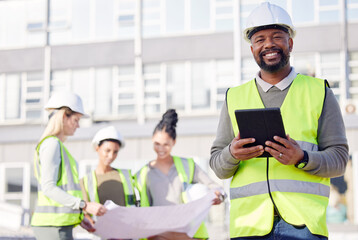 Architect, leader and black man construction worker with tablet, smile in portrait with digital...