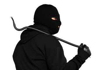 Thief in black balaclava and clothes with handcuffs isolated on white