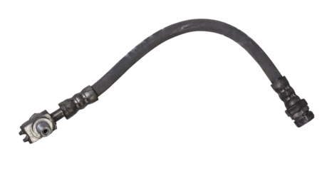 Used brake hose close-up on a white isolated background in a photo studio - high-pressure sleeve and two metal tips for connecting to the cylinders. Replacement parts in a car service.