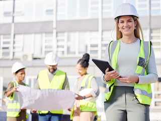 Architect, leader and woman construction worker with tablet, smile in portrait with digital...